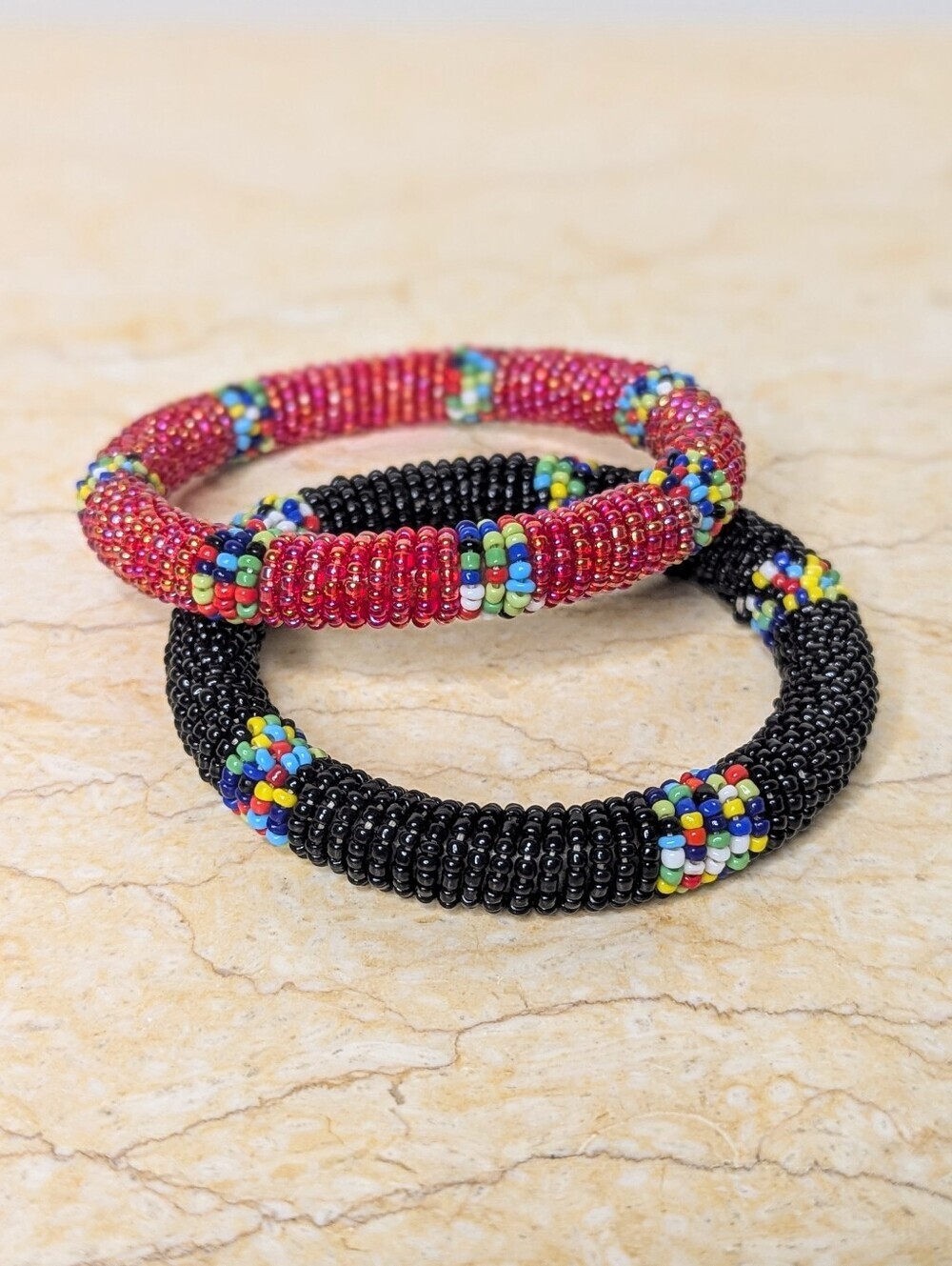 Beaded Bangles Maasai Handmade Red Black Colorful Round Bracelet Set Of 2